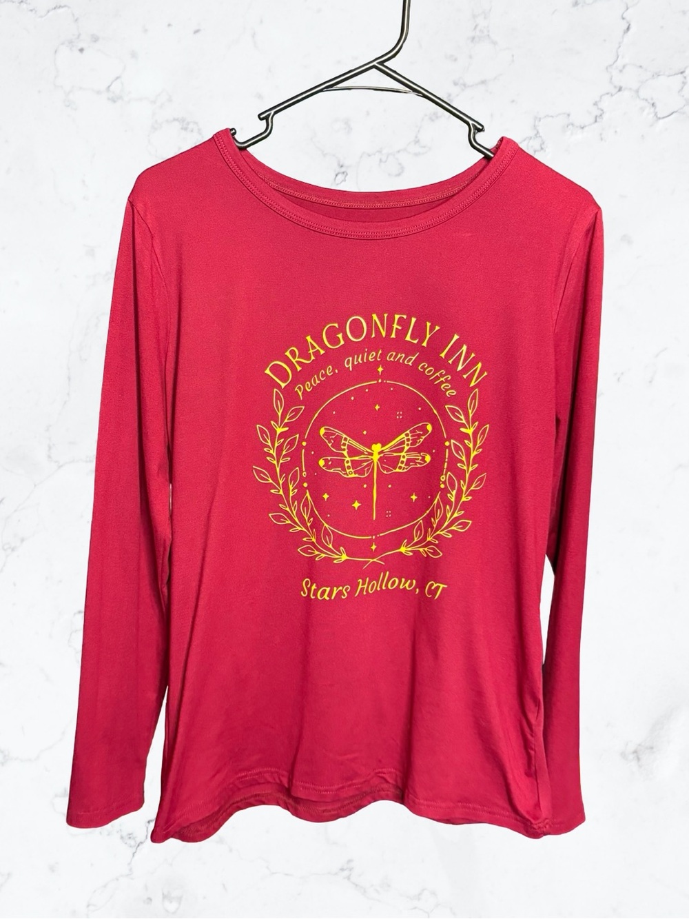 Dragonfly Inn Graphic Long Sleeve Tee - Red with Yellow Print
